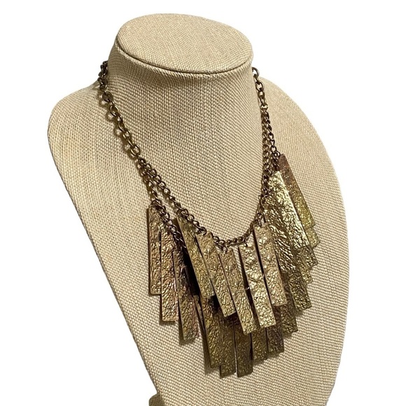 Vintage Gold Tone Textured Tag Drop Necklace Statement Double Layer 20.5” - Picture 4 of 7